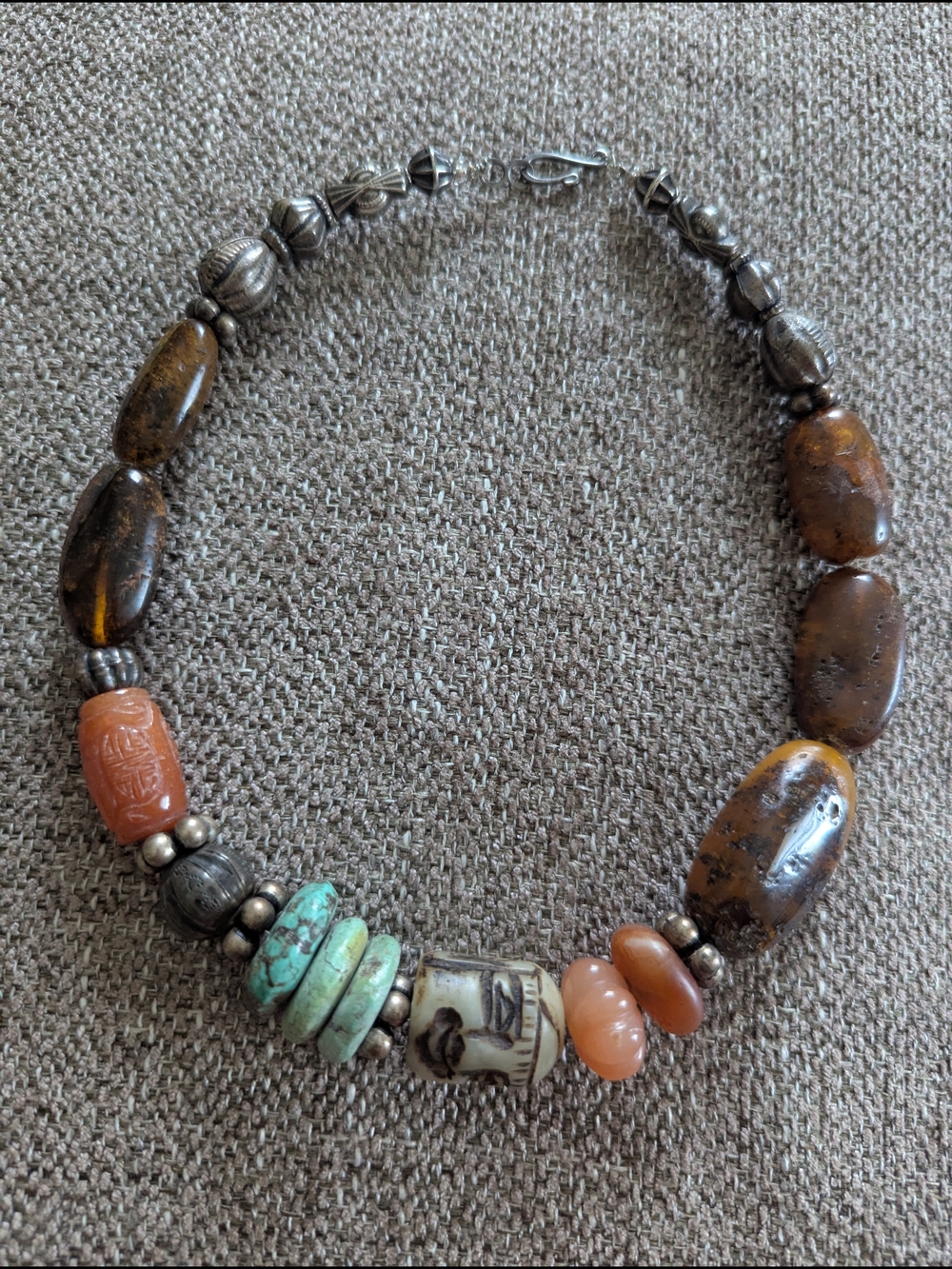 Multistone Beaded Necklace in Brown, Turquoise & Peach